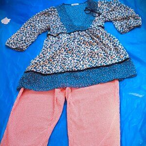 COTTAGECORE LOOSE SEERSUCKER RED & WHITE PANTS, SZ. 14 +PRINT GRANNY BLOUSE, LG